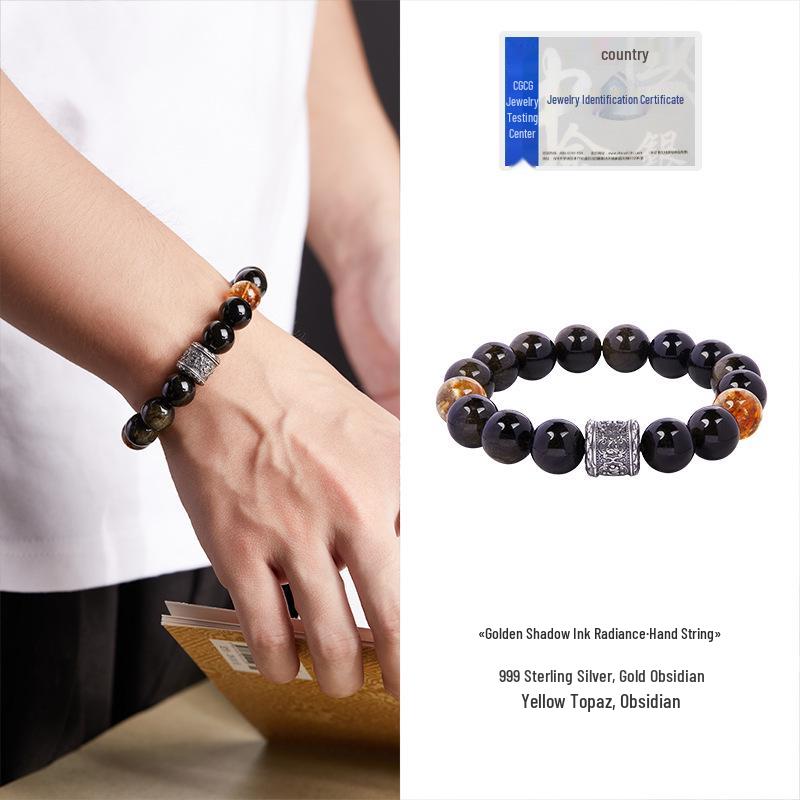 Herren High-End Retro Chinesischer Stil Armband: 999 Sterlingsilber mit natürlichem goldenem Obsidian und gelben Turmkristallperlen