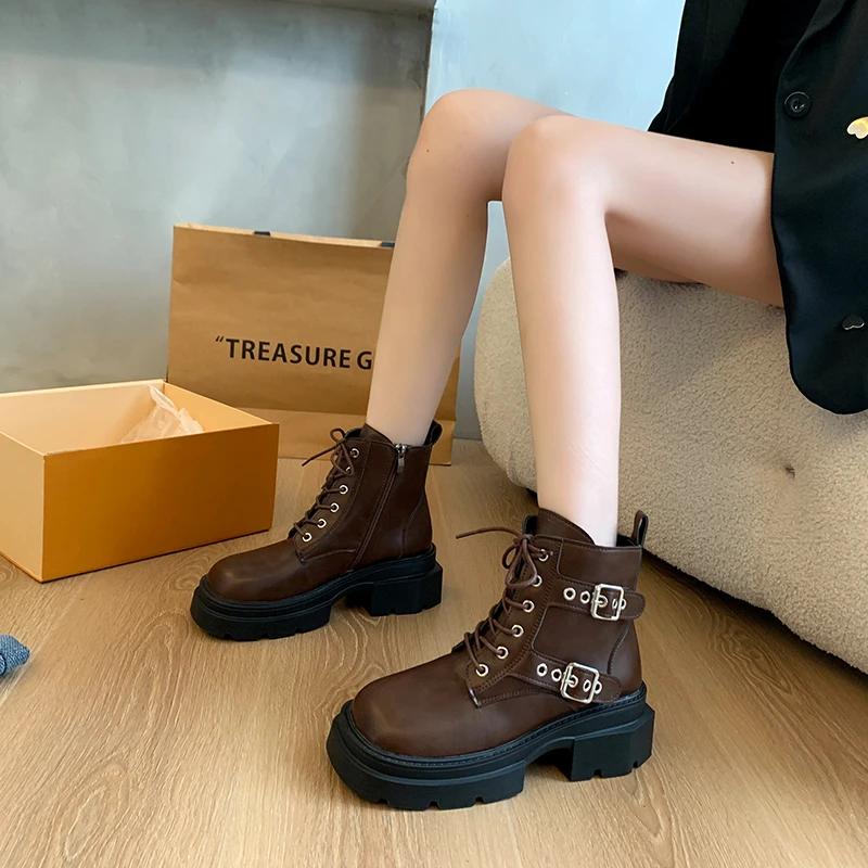 Ladies Shoes 2024 High Quality Side Zipper Women's Boots Fashion Front Lace-up Office and Career New Belt Buckle Ankle Boots