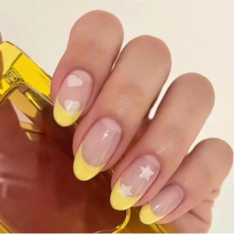 Press-On Nails With Heart Design In Yellow French Tip Style Pre-Glued Or Gel Adhesive Wearable Nail Tips Gel Adhesive Type