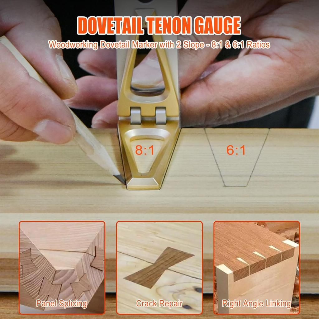 Dovetail Jig with 6:1 and 8:1 Slopes for Woodworking,Multi Angle Measuring Ruler with Dovetail Jig,Stainless Steel Movable Dovetail Guide Includes