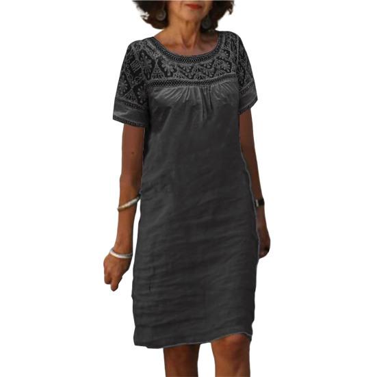Women's Summer Beach Short Dresses Short Sleeve Round Neck Lace Mini Dress Casual Loose Cotton Linen Sundress