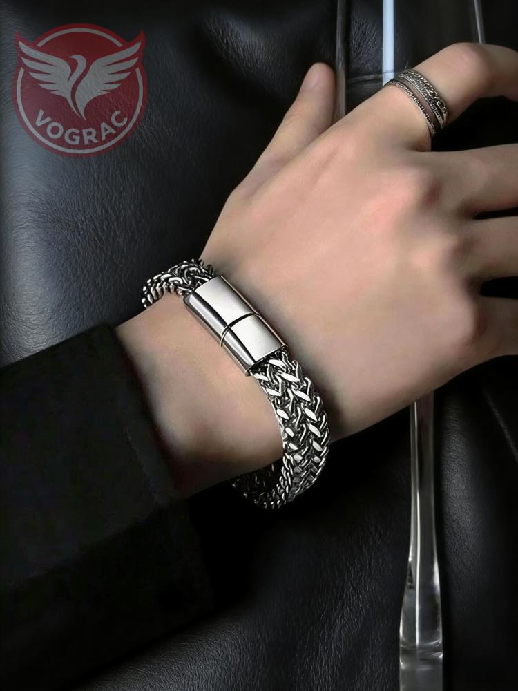 Stainless Steel Braided Double Row Front and Rear Fish Scale Alloy Magnetic Buckle Bracelet with Keel Jewelry New Model