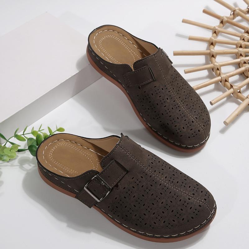 Cross Border Foreign Trade Plus Size Slippers for Women, Summer Baotou Metal Buckle Hollow Women's Shoes Slippers