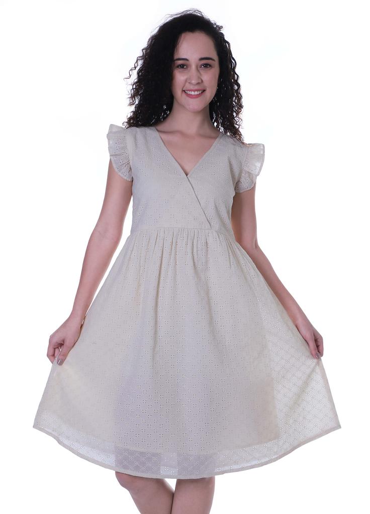 Moomaya Schiffli Dress Frill Sleeve W  V-neck Casual Relaxed Summer Garden