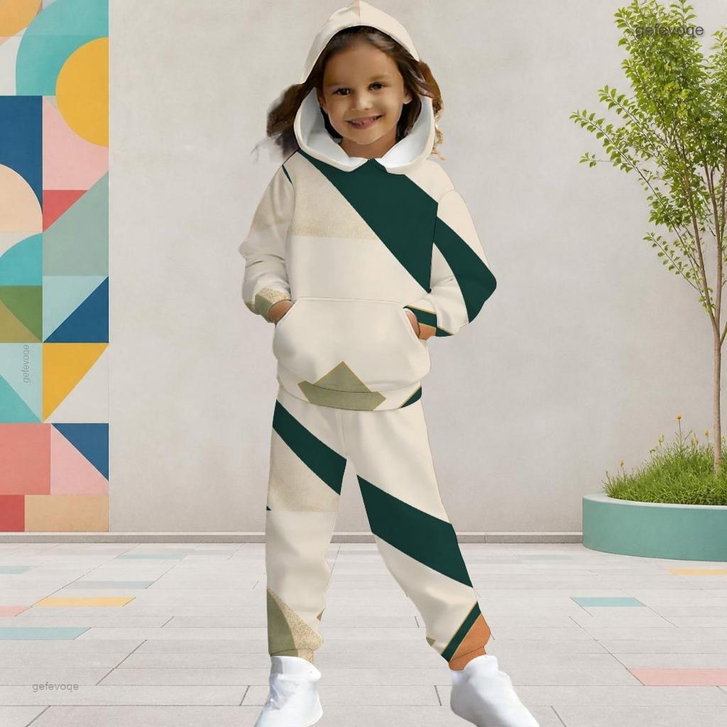 Girls Abstract Printed Hooded Long Sleeve Kangaroo Pocket Top Cuffed Pants Two Piece Set