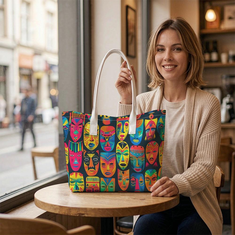 Colorful Tribal Face Pattern Tote Bag Stylish Casual Daily Use Shoulder Handbag for Women Lightweight Trendy Outdoor Shopping Carry Bag