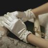 Satin Bride Gloves Short Tulle Wedding Gloves Sheer Wrist Gloves with Bow Faux Pearls for Prom Evening Opera Tea Party