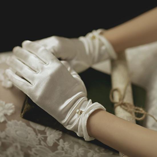 Satin Bride Gloves Short Tulle Wedding Gloves Sheer Wrist Gloves with Bow Faux Pearls for Prom Evening Opera Tea Party