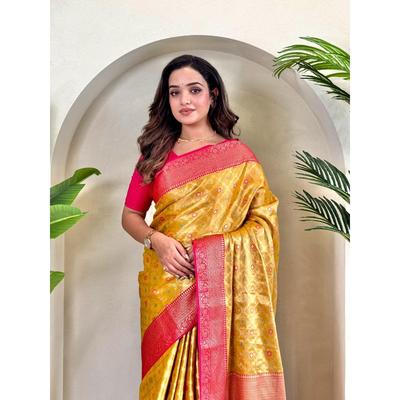 Pure Tissue Silk Saree with Zari Weaving and Meena Work with Running Blouse and Elegant Jaal On the Body.  Blouse : Contrast As Per Video