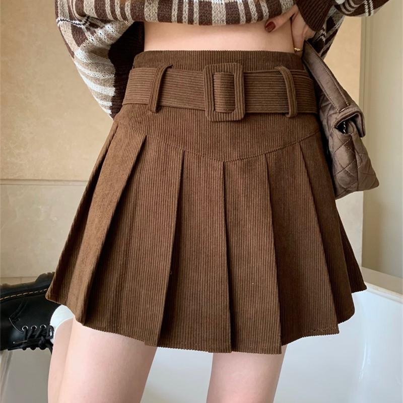 

Fat Sister Corduroy Pleated A-Line Skirt for Women - High Waist Slimming Short Skirt for Autumn/Winter 3XL