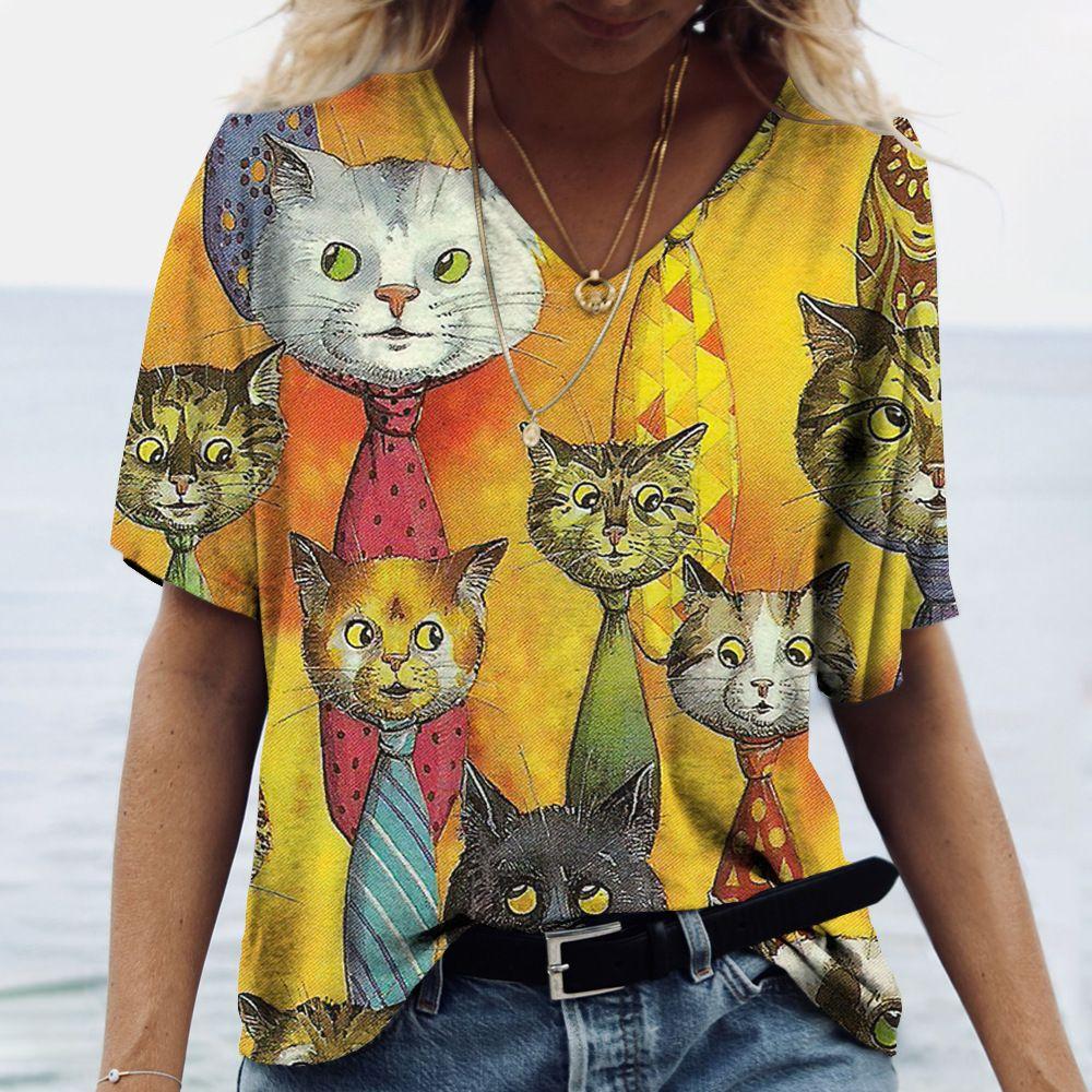 Ladies' V-neck T-shirt, Cat 3D Digital Print Casual Fashion T-shirt, Digital Print Short-sleeved T-shirt