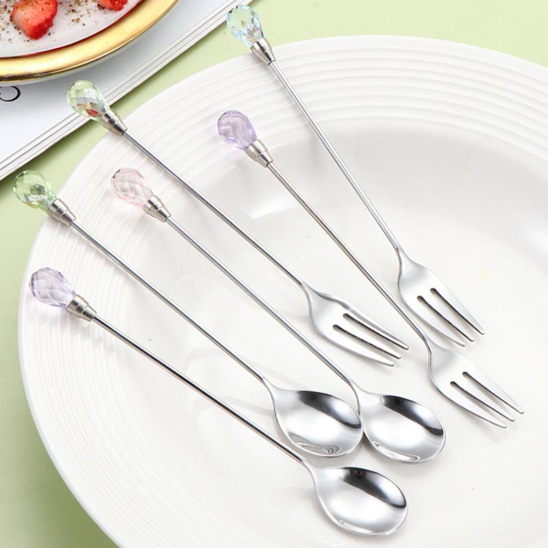 Diamond Spoon Fork Stainless Steel Long Stirring Spoon Exquisite  Teaspoon For Ice Cream Dessert Coffee Cocktail Mug