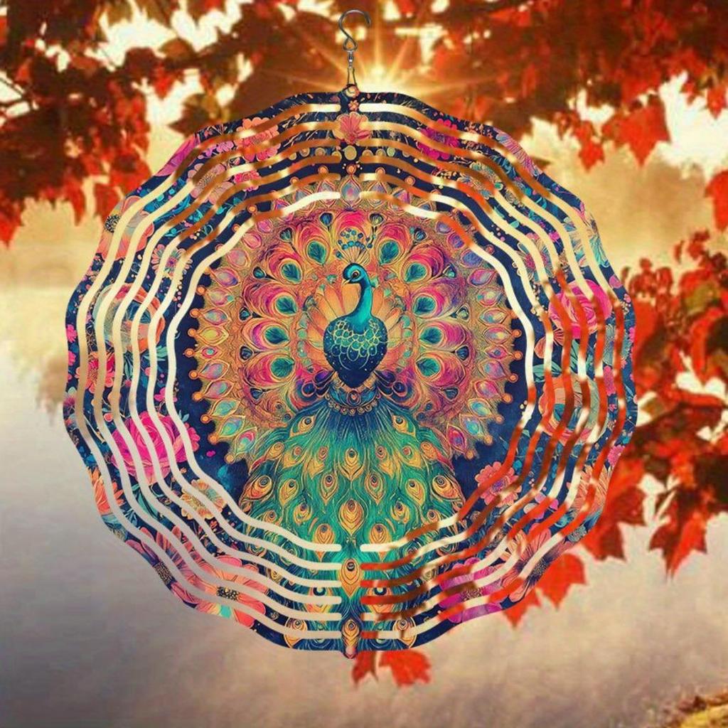 Flower Peacock Wind Chime Outdoor Garden Patio Decor Weatherproof 2D Art Rotating Hook Holiday Home Decoration