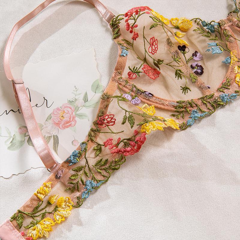 Damski oddychający haftowany komplet bielizny w kwiaty Siateczkowy przezroczysty komplet majtek 2-częściowy koronkowy komplet biustonosza