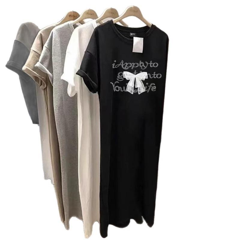 Letter Print Dress,a Mid-length Over-the-knee Slit T-shirt for Women's Summer Casual Wear