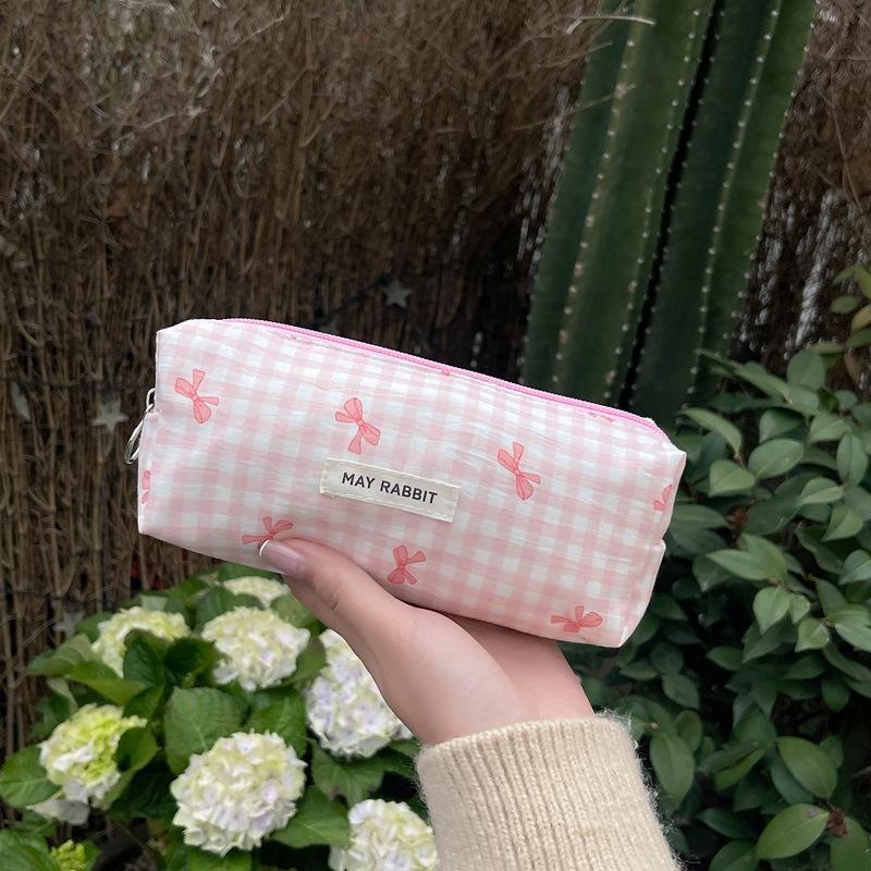 

Sweet Bow Women s Storage Bag Large Capacity Female Cosmetic Bags Cute Plaid Makeup Clutch Purse Portable Girls Pencil Case