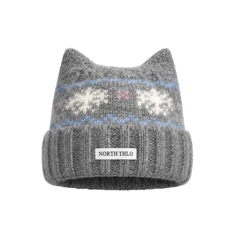 2026 autumn and winter new Fair Island wind cat ear wool hat, fleece warm cold hat, big head circumference and small knitted hat