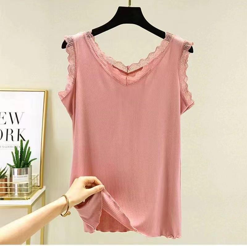 Women's Summer Lace Trim V-Neck Ribbed Tank Top - Ice Silk Sleeveless Base Layer, Plus Size