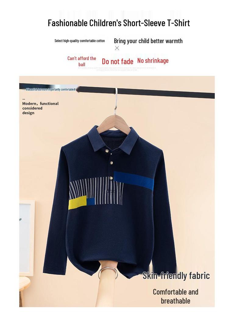 Jungen Polohemd langärmlig aus reiner Baumwolle für Grundschule, Frühjahrs-/Herbstbekleidung