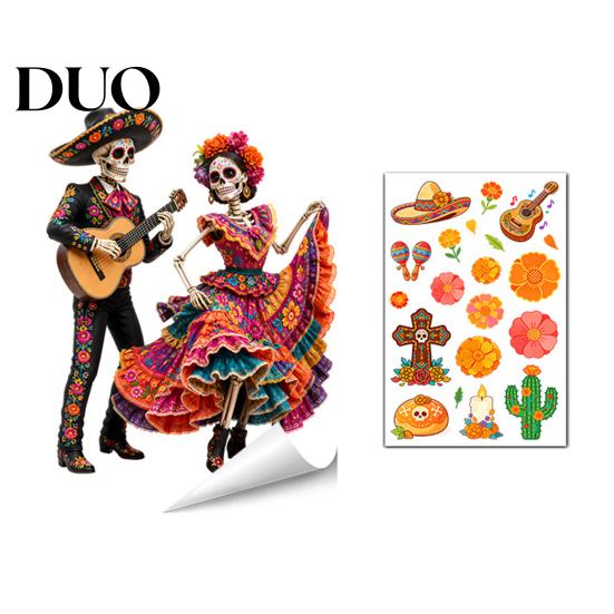 Easy Install Window Pavement Day of The Dead Clings, Halloween Double-Sided Skull Sticker, Ethnic Pattern Wall Art Colorful Flower Skeleton
