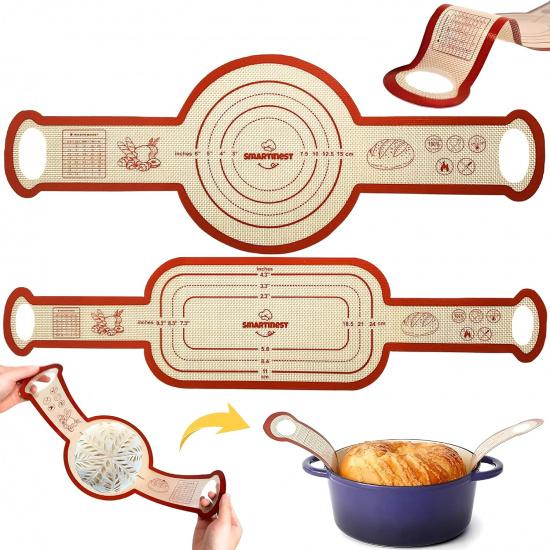 Силиконовая подкладка для выпечки хлеба на закваске для чугунной кастрюли, 2 шт., антипригарный многоразовый коврик для выпечки с длинными ручками, основные принадлежности для выпечки хлеба для переноса теста 2Pcs Oval+Round