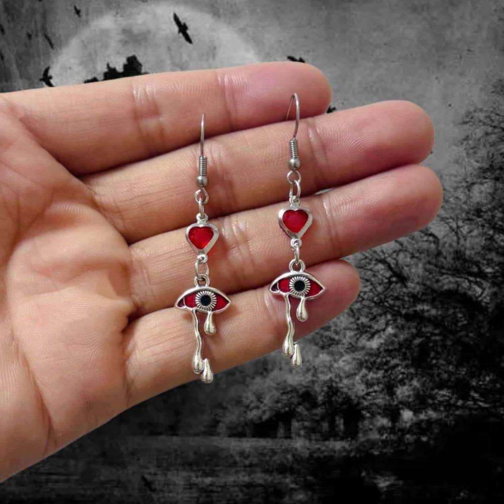 Gothic Darkly Magic Ghost Red Eye Heart-shaped Dangle Earrings for Woman Halloween Original Design Jewelry Accessories Colorfast
