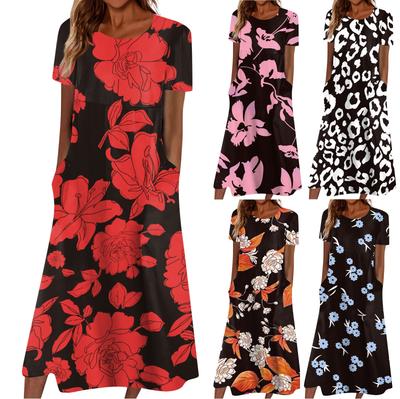 Sommerkleid für Damen, lässiges bedrucktes Strand-Swing-Kleid mit V-Ausschnitt und kurzen Ärmeln