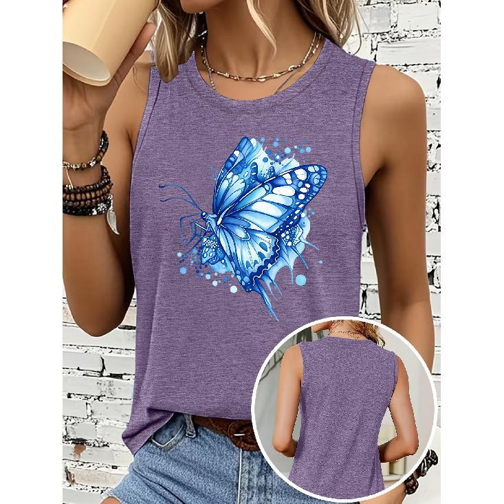 Blue Ink Wash Butterfly Print Women Sleeveless Vest Round Neck Skin Friendly Medium Elastic Casual Daily Tank Top