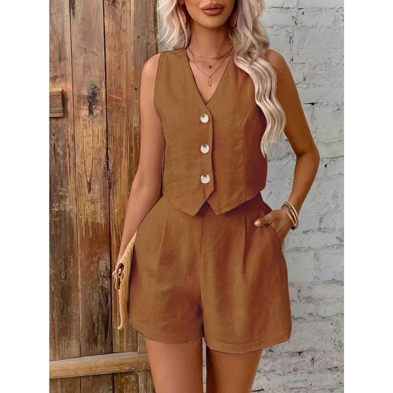 

GMXIA Sleeveless Casual Vest and Shorts Set for Women, Linen Summer Fashion Two-piece Set for Women XXL