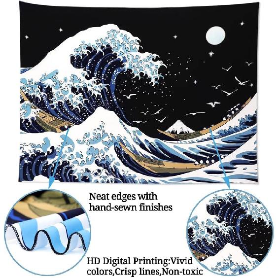 Pentasmile Wall Tapestry for Bedroom Aesthetic Japanese The Great Wave off Kanagawa Tapestries Large Trippy Tapestrys Black Art Tapistry Wall Hanging