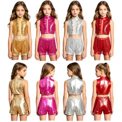 Girls Sequin Metallic Jazz Dance Outfit Mock Neck Sleeveless Back Invisible Zipper Ruffles Crop Top Shorts Set