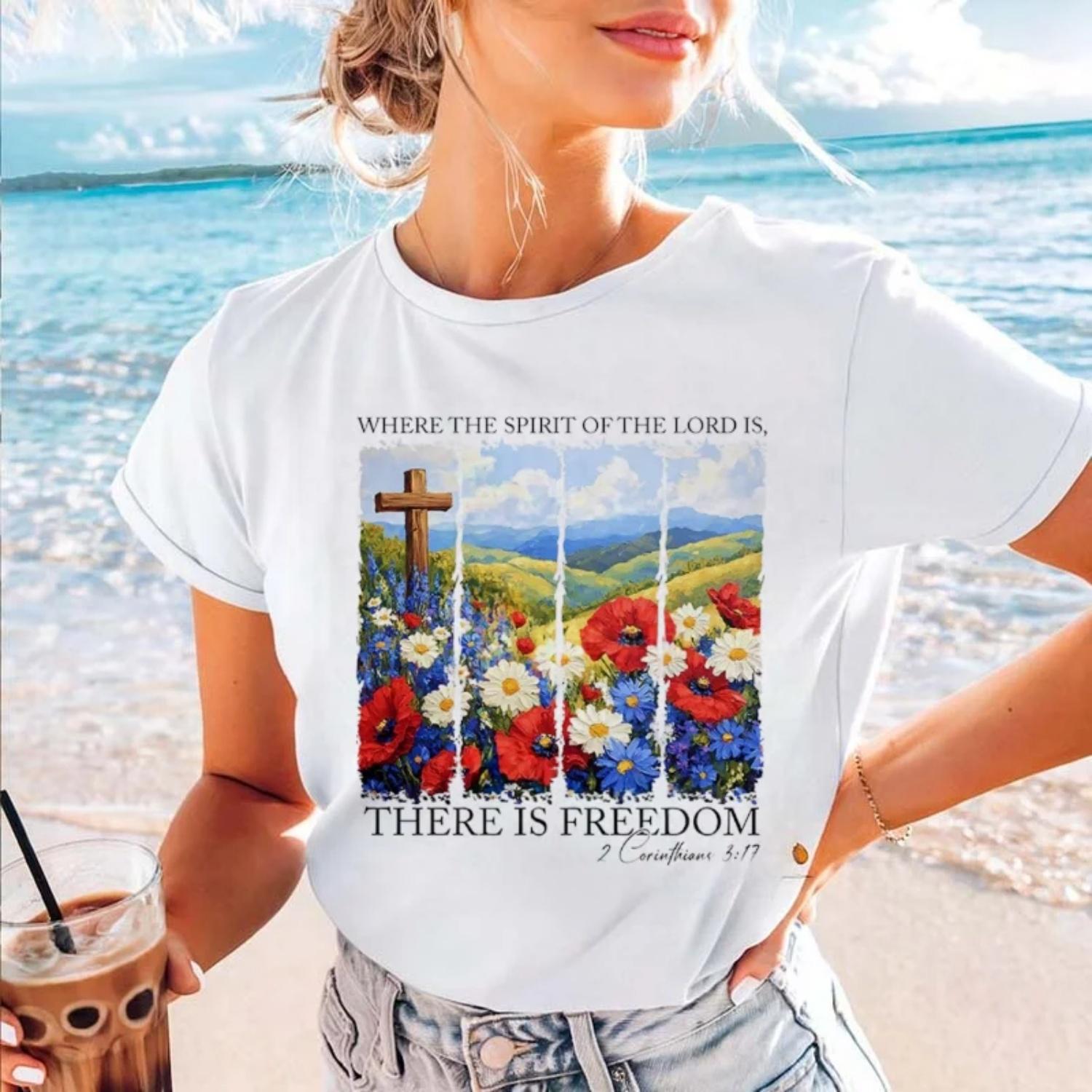 Summer Style Beautiful Scenery Pattern Casual Print Women s Short Sleeved 90s Round Neck Short Sleeved Regular T-Shirt Top S