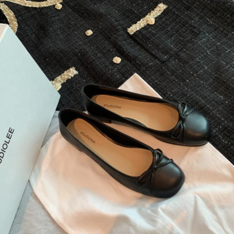 Sheepskin version single shoes women's round head light mouth bow leather shoes versatile thick heel commuter ballet shoes