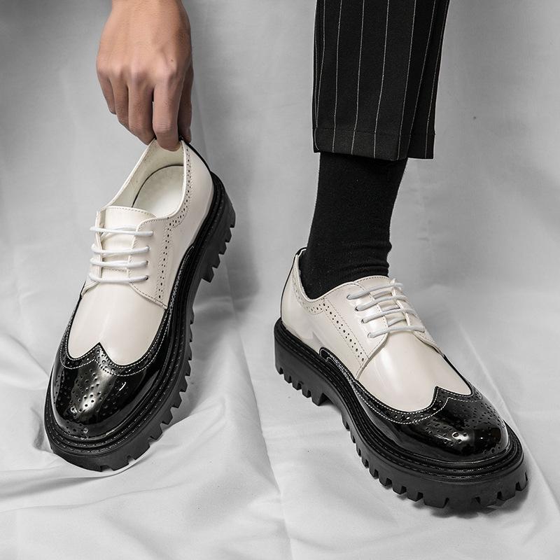 Carved business casual lace-up patent leather dress small leather shoes platform British Brock round head shoes