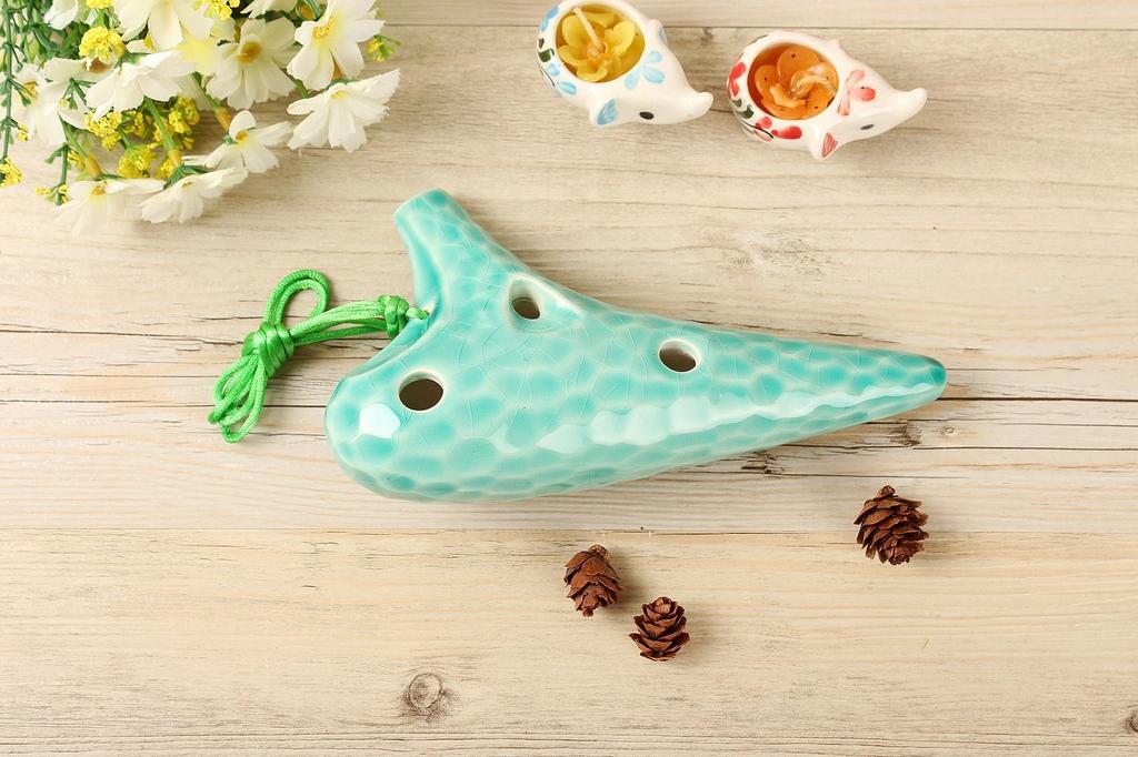 TNG Ocarina Instrument [Alto/C/AC / 12 Holes / Emerald] (with Strap) Glazed Finish Ocean Wave Pattern