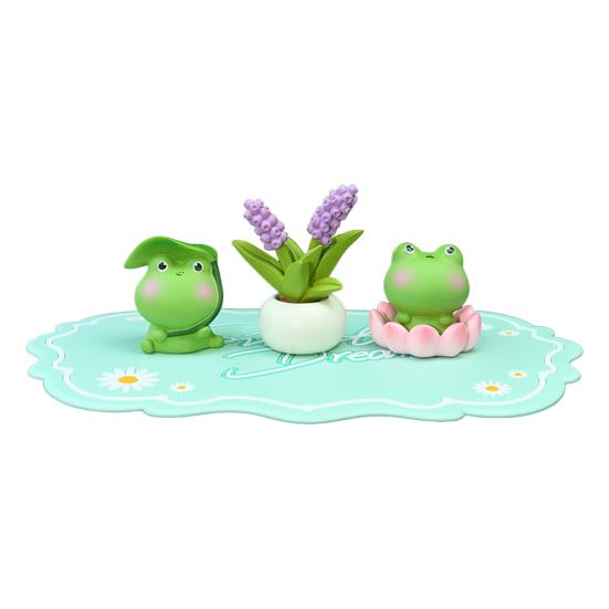 3Pcs Frog Figure with Pad Resin Frog Car Ornament Mini Green Plant Bonsai Pot Home Office Decor Car Interior Accessory