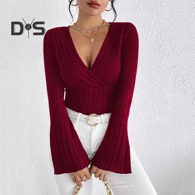 Dames Basis Tops V-hals Uitlopende Lange Mouw Slim Fit Gebreide Tops Effen Kleur Herfst Winter Blouse
