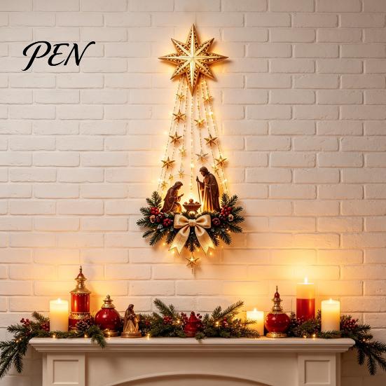Christmas Wall Decor for Home Lighted Nativity Decor, 3D Gold Bethlehem Scene LED Hanging Light with Decorative Pine Branch Art Warm Glow, Religious