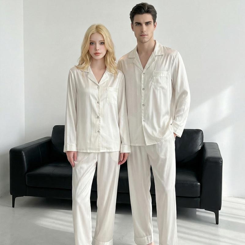 Ice silk couple pajamas women's spring and autumn simple high-end silver striped loungewear loose men's pajamas set