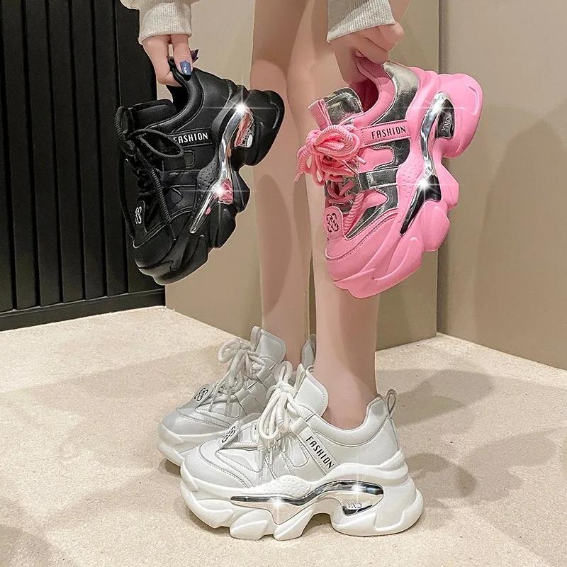 Fashion Top Quality Women Genuine Leather Sneakers Autumn Lace Up 6CM Platform Shoes Thick Sole Sport Walking Chunky Shoes Woman Spring