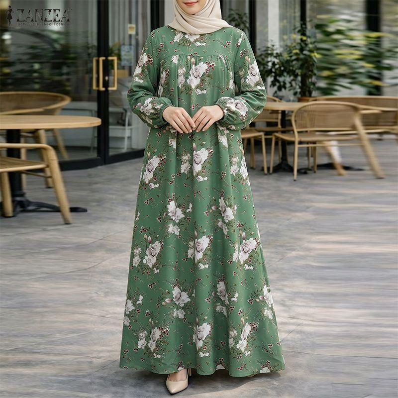 ZANZEA Women Casual Round Neck Loose Long Sleeve Print Long Dress