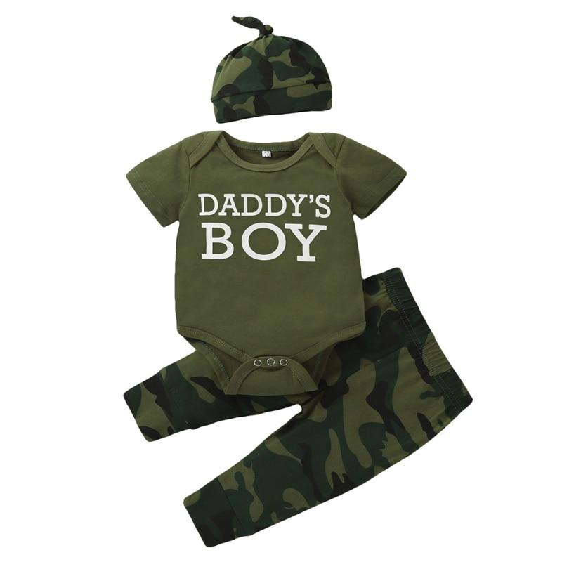 

Комплект одежды для малышей из 3 предметов с буквенным принтом для маленьких мальчиков и девочек, боди с короткими рукавами, топы, повседневные камуфляжные штаны S