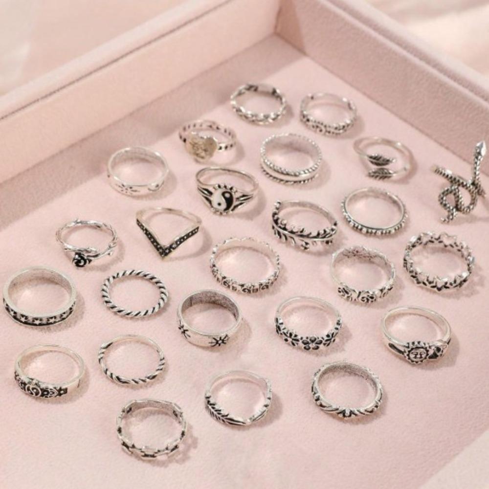 Europäisches und Amerikanisches 25-teiliges Ring-Set, Schlange Elefant Tropföl Klatsch Liebe Blätter Kleine Blumen Geometrisch Gelenkring Damen