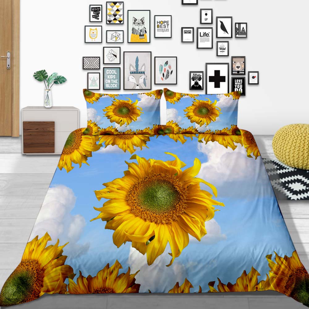 Sunflower Pattern Deluxe Household Bedding Set Full-size Quilt Cover and Pillowcase Plant Print Washable and Comfortable Bedroom Bedding