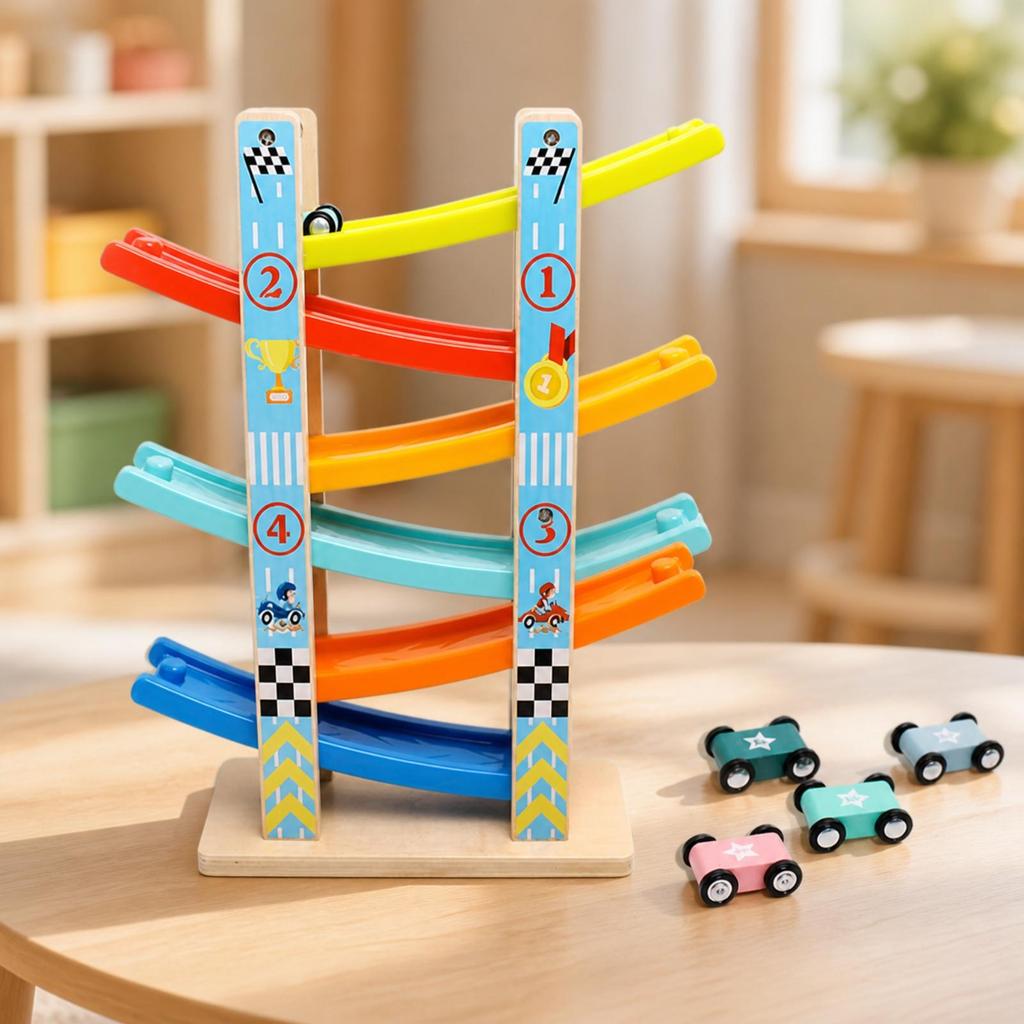 Four-Track Sliding Car Toy Educational Wooden Ramp Race Track Set Racetrack
