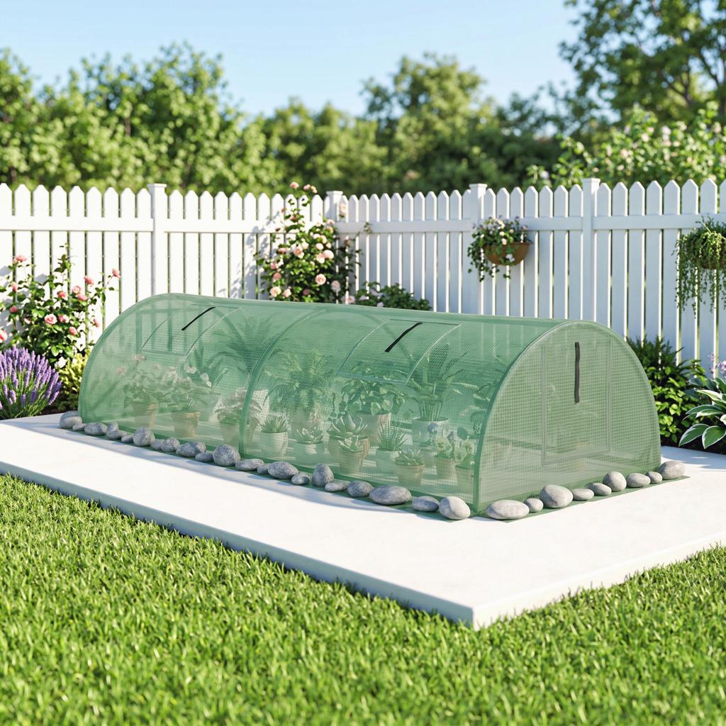 Mini Garden Greenhouse, Tunnel for Tomatoes, 200 X 80 X 45 Cm, Steel, PE, 4 Mesh Doors, Green