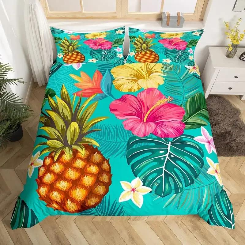 Pineapple Duvet Cover Tropical Palm Tree Leaves Bedding Set Microfiber Botanical Flower Comforter Cover Twin King For Girls Teen