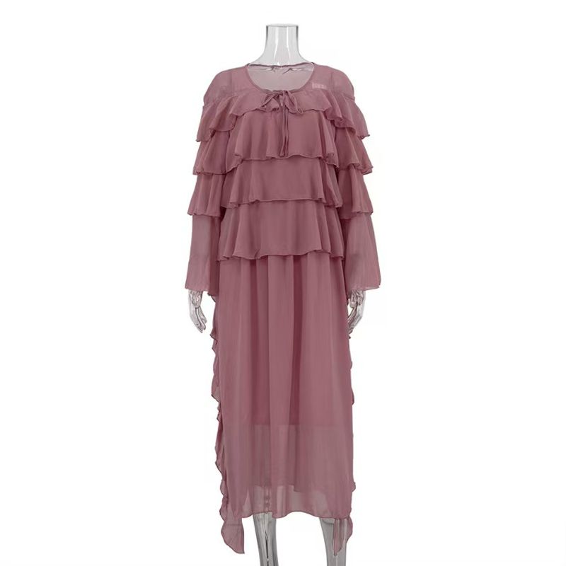 

Fashion New Arrival Fashion Ruffles Patchwork Long Sleeves Dress Loose Lace up Chiffon Dress Pink M