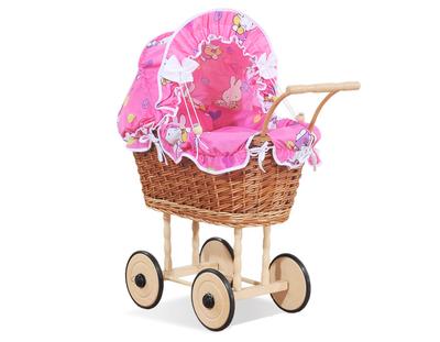 Tall Wicker Doll Stroller with Pink Bedding and Lining - Natural