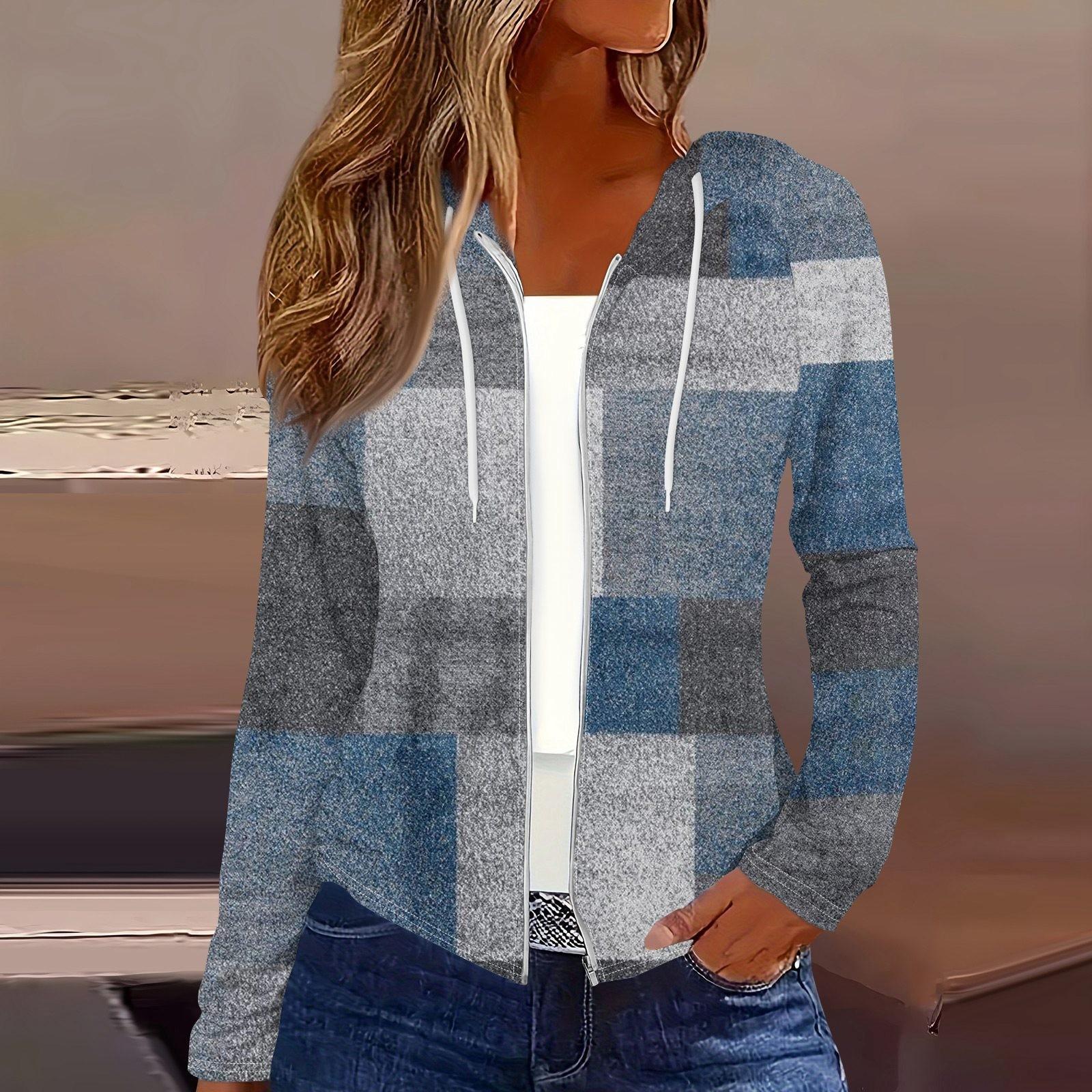 

Жіноче модне повсякденне пальто з принтом і довгими рукавами з капюшоном і блискавкою M синій